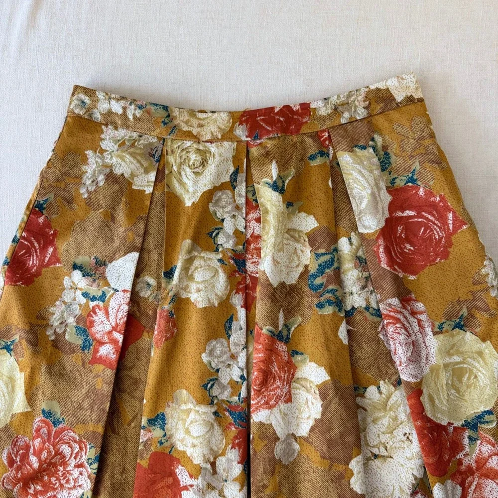 Tahari Arthur‎ S Levine Cottagecore Floral Mustard A-Line Pleated Skirt 12